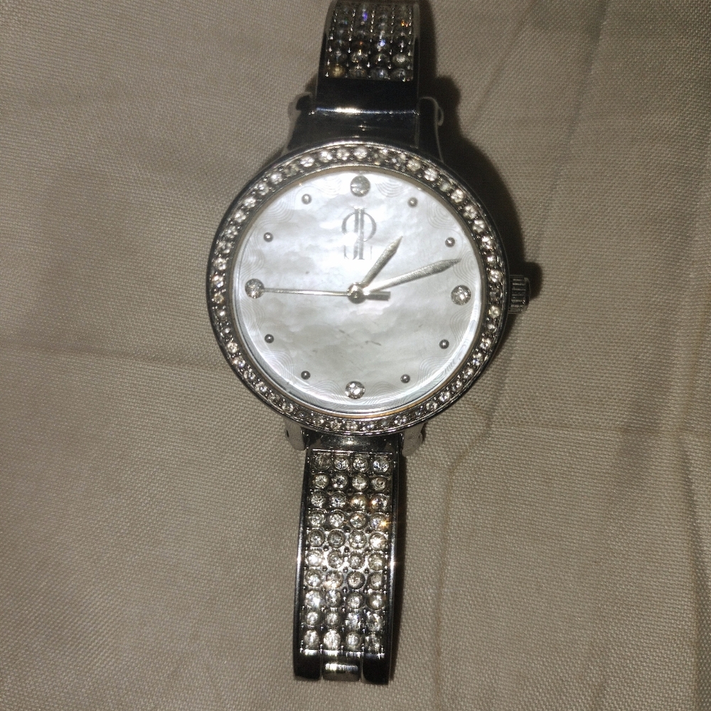 Jennifer Lopez white plate jeweled stainless steel quartz watch bracelet